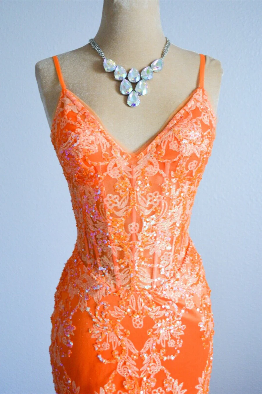 Orange Mermaid Spaghetti Straps Sequins Applique Long Prom Dress  cc1002