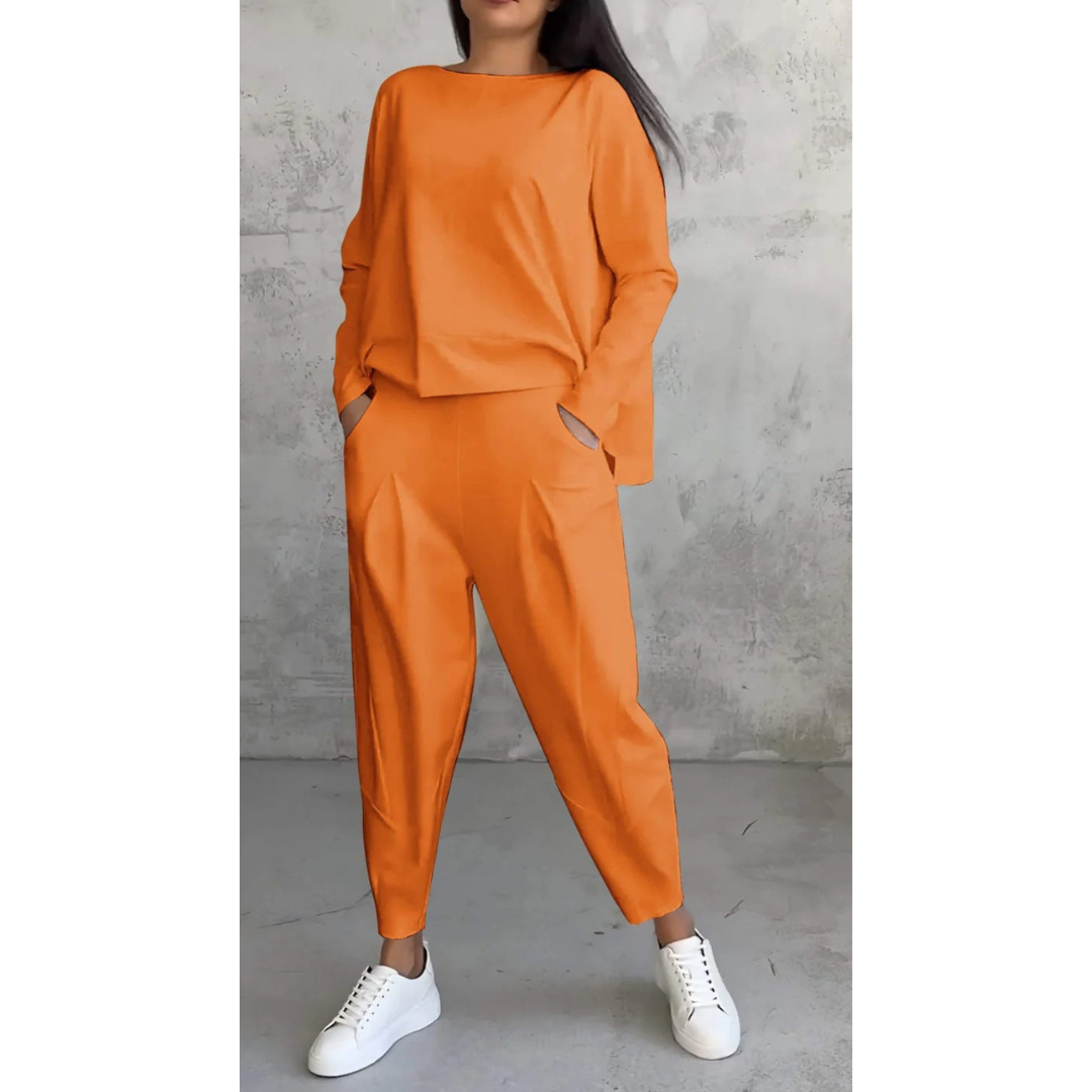 Boat Neck Long Sleeve Top and Tapered Pants Two Piece Set