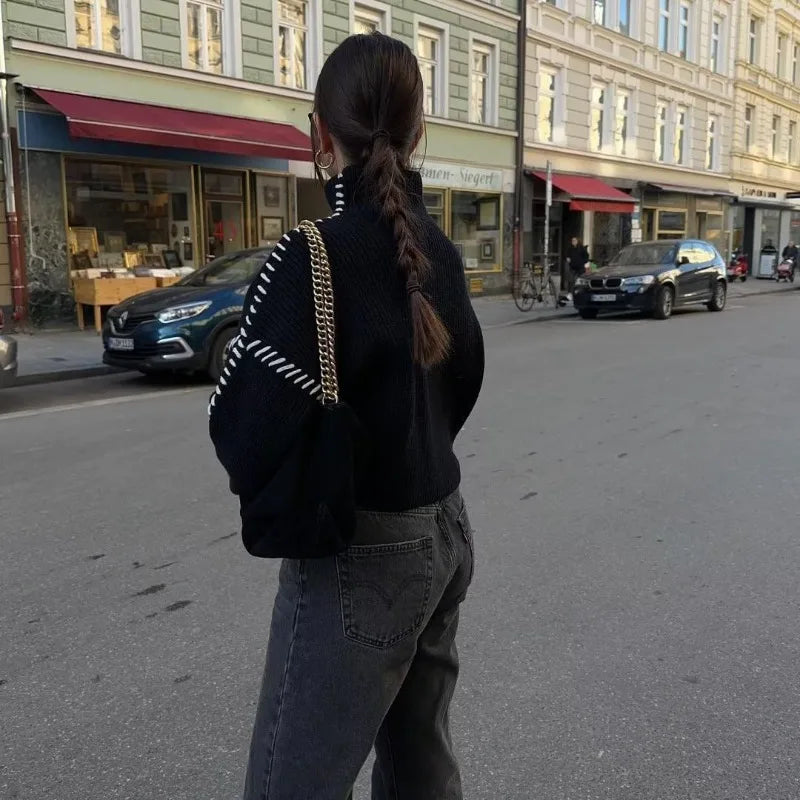 Turtleneck Contrast Whipstitch Trim Balloon Sleeve Oversized Sweater 3