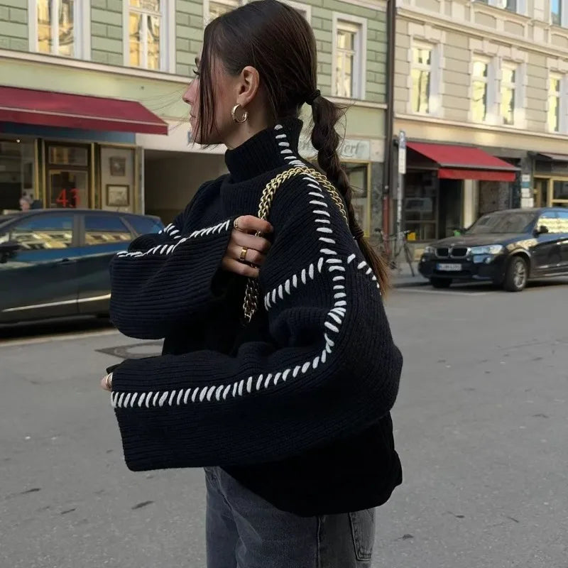 Turtleneck Contrast Whipstitch Trim Balloon Sleeve Oversized Sweater 2