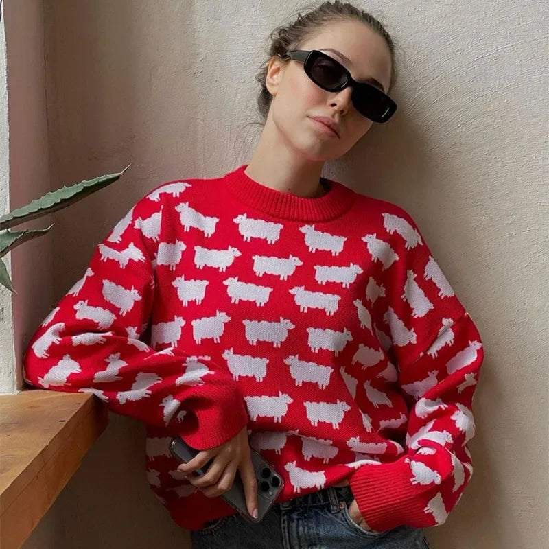 Printed Round Neck Long Sleeve Sweater