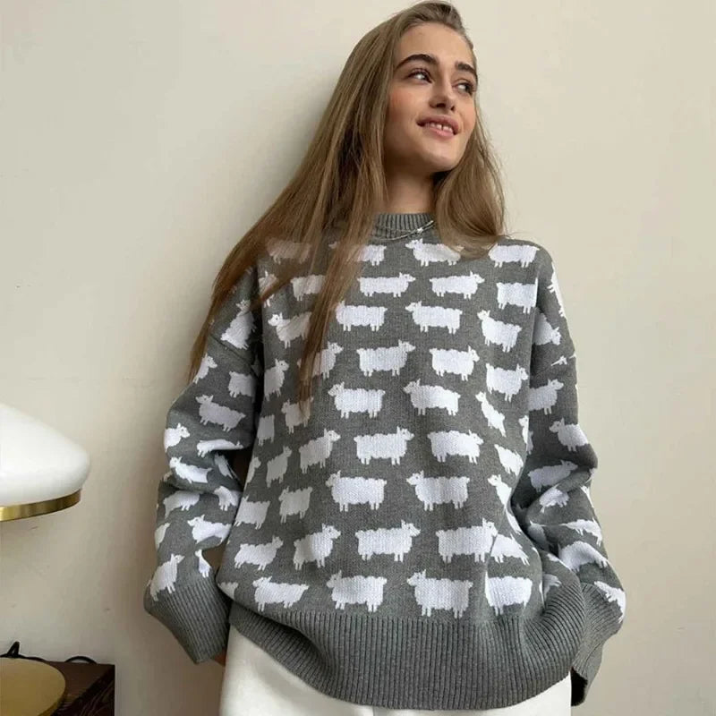 Sheep Print Crew Neck Long Sleeve Oversized Knit Sweater