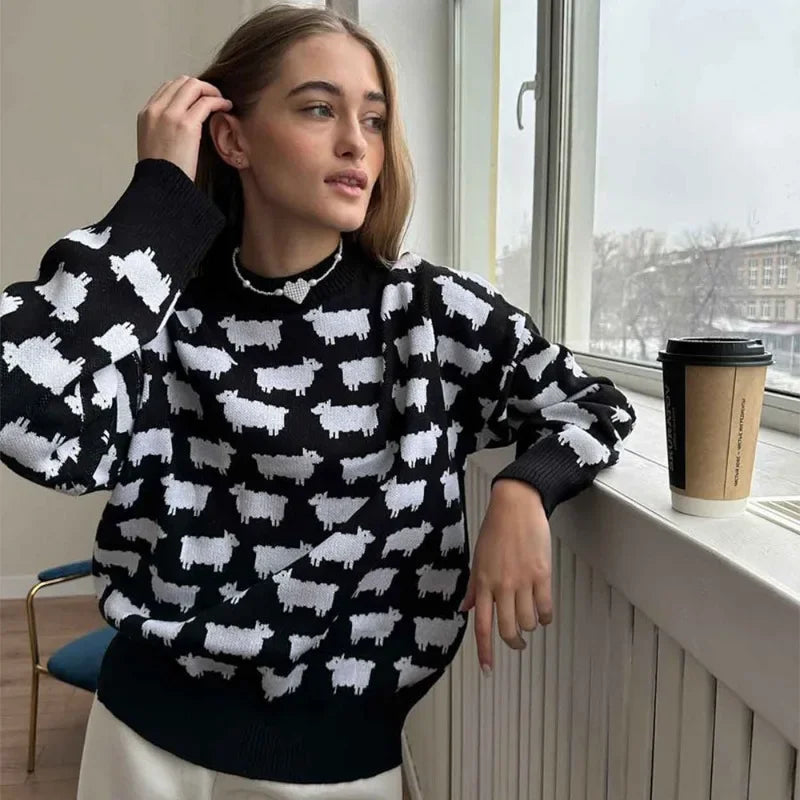 Sheep Print Crew Neck Long Sleeve Oversized Knit Sweater 5