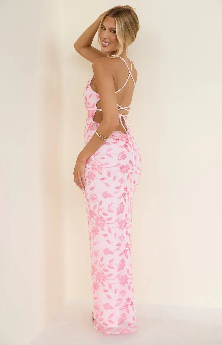 Floral Embellished Mesh V-Neck Spaghetti Strap Bodycon Maxi Dress 4
