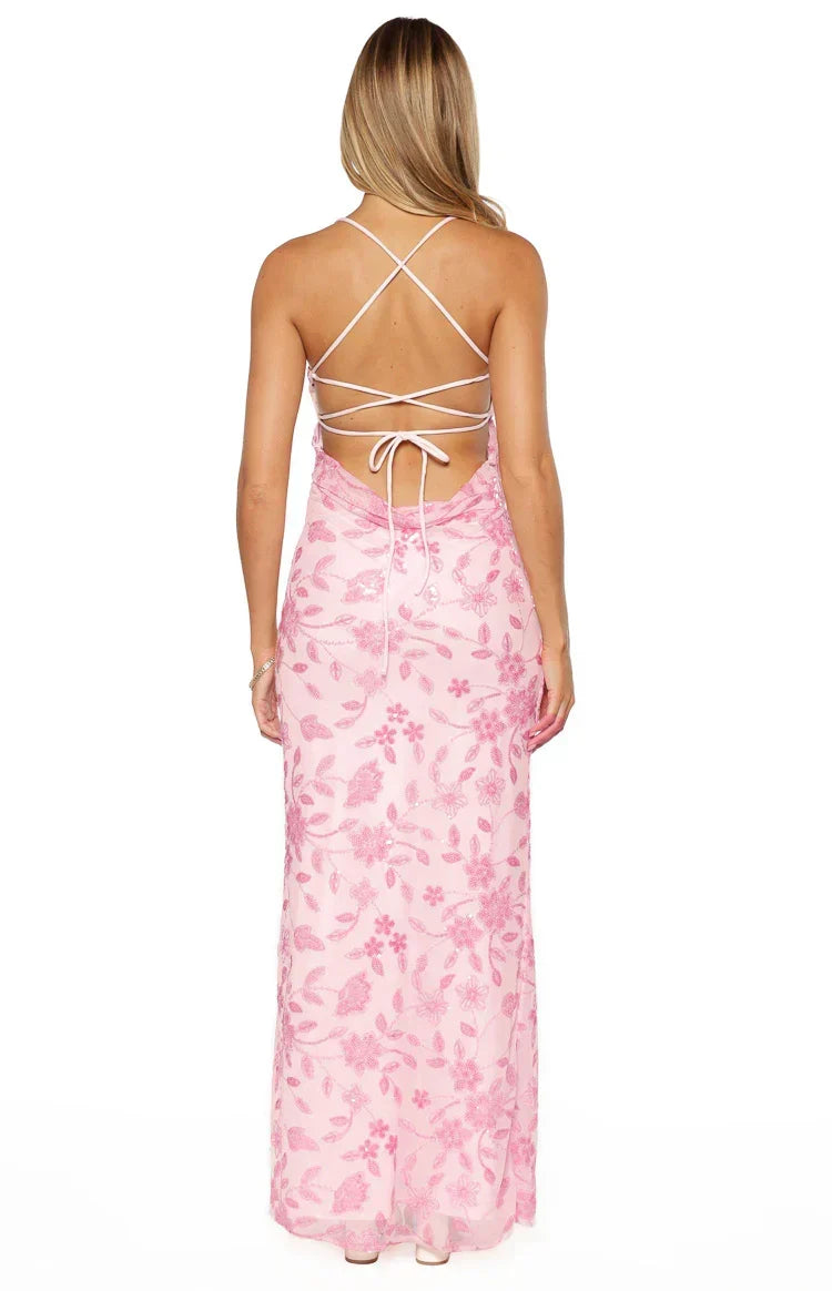 Floral Embellished Mesh V-Neck Spaghetti Strap Bodycon Maxi Dress 8