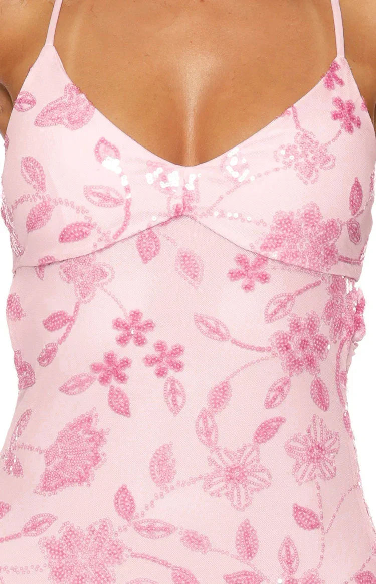 Floral Embellished Mesh V-Neck Spaghetti Strap Bodycon Maxi Dress 9