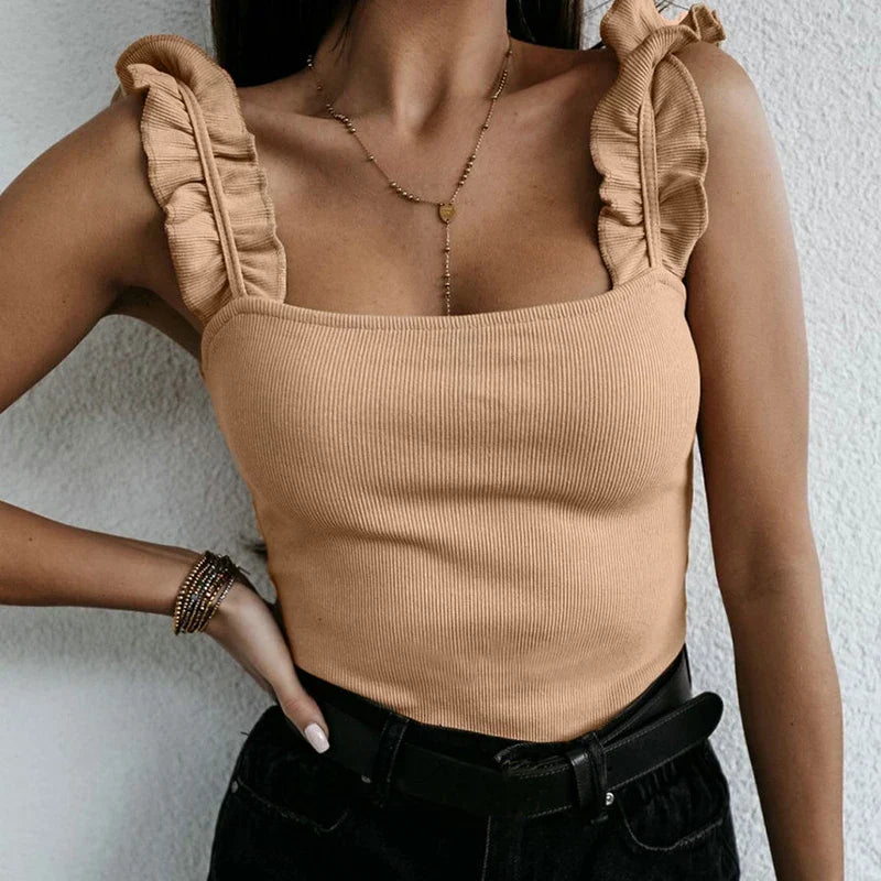 Women Collar Solid Knit Ribbed Slim Ruffless Tank Top