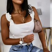Women Collar Solid Knit Casual Basic Summer Ribbed Slim Ruffless Tank top