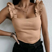 Women Collar Solid Knit Casual Basic Summer Ribbed Slim Ruffless Tank Top Khaki / S