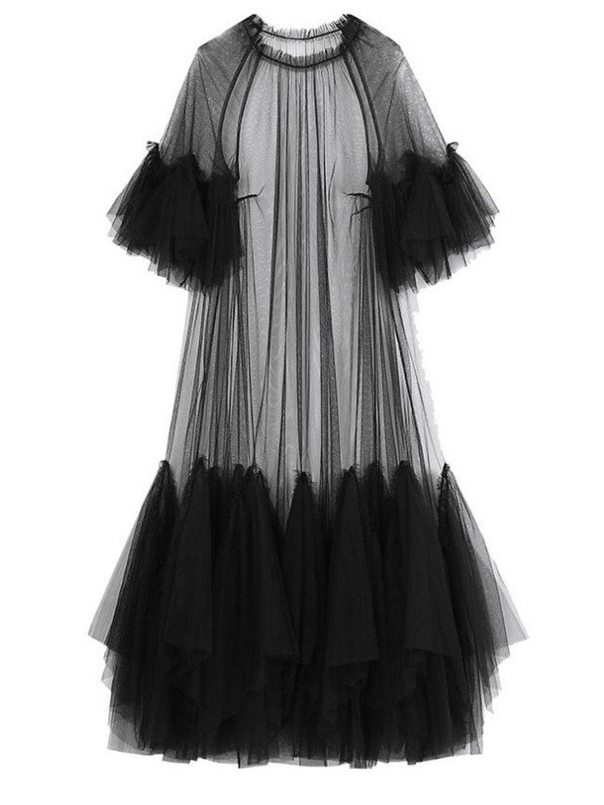 Sheer Mesh Tiered Ruffle Long Sleeve Maxi Gown