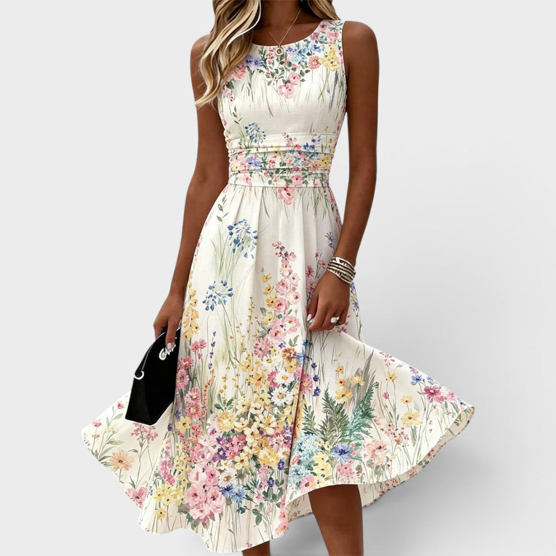Floral Print Round Neck Sleeveless Ruched Waist Maxi Dress