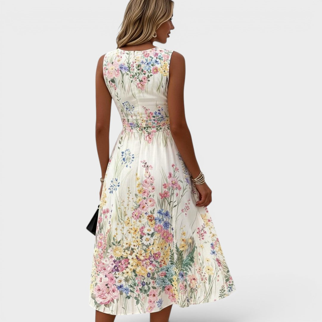 Floral Print Round Neck Sleeveless Ruched Waist Maxi Dress