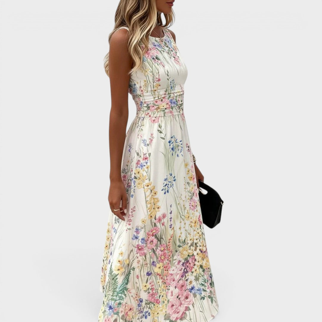 Floral Print Round Neck Sleeveless Ruched Waist Maxi Dress