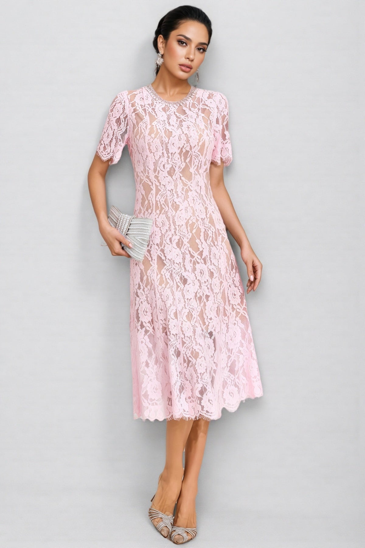 Sheer Floral Lace Round Neck Short Sleeve Scalloped Hem A-Line Midi Dress