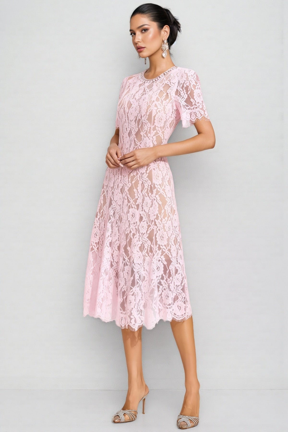 Sheer Floral Lace Round Neck Short Sleeve Scalloped Hem A-Line Midi Dress 5