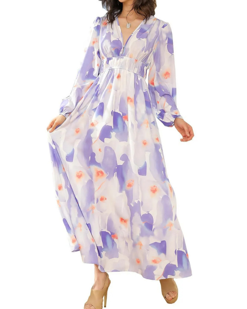 Floral Chiffon Deep V-Neck Long Sleeve Cut Out Maxi Dress 4