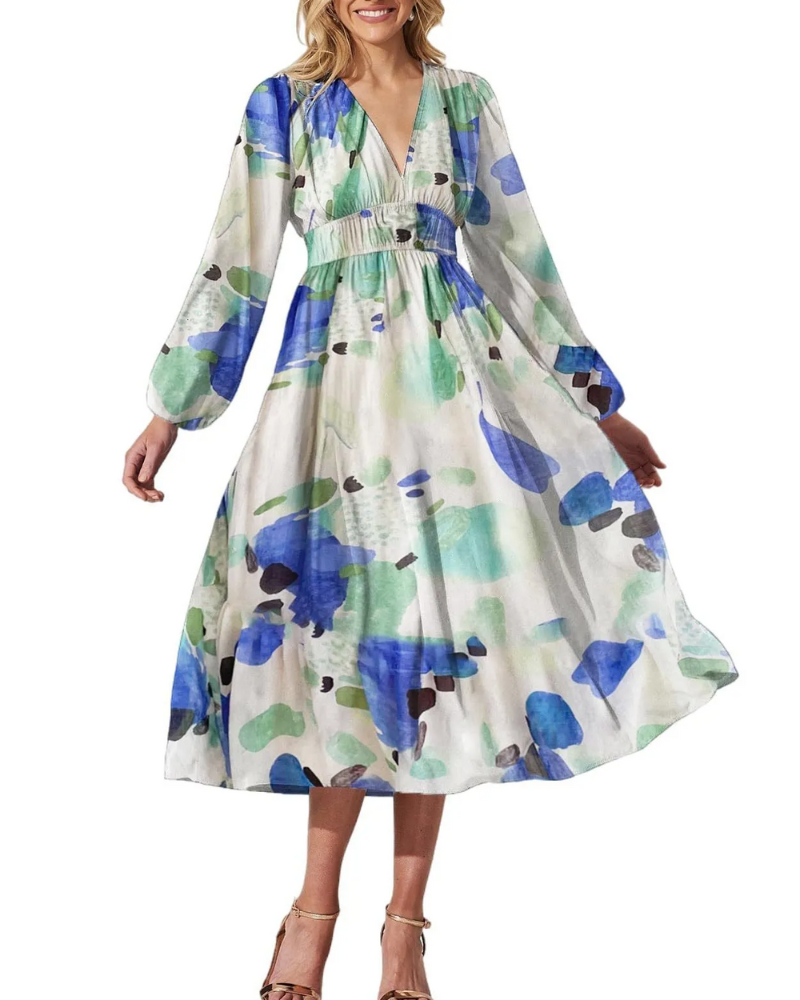 Floral Chiffon Deep V-Neck Long Sleeve Cut Out Maxi Dress 5