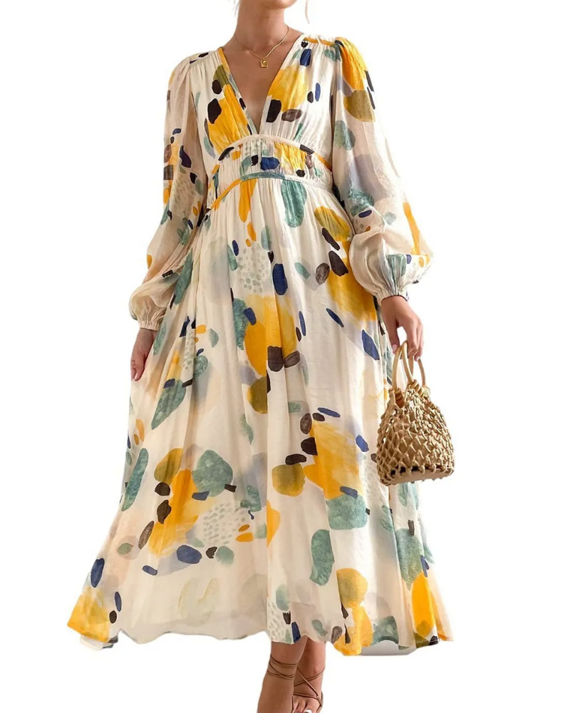 Floral Chiffon Deep V-Neck Long Sleeve Cut Out Maxi Dress 6
