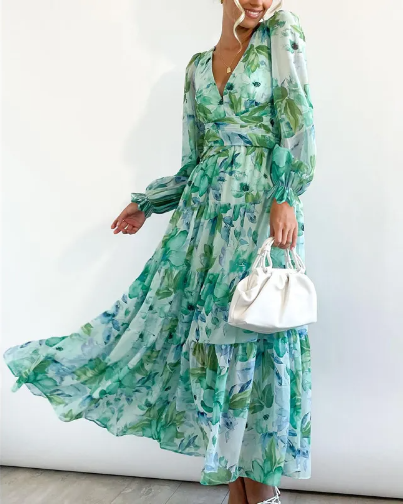 Floral Chiffon Deep V-Neck Long Sleeve Cut Out Maxi Dress 15