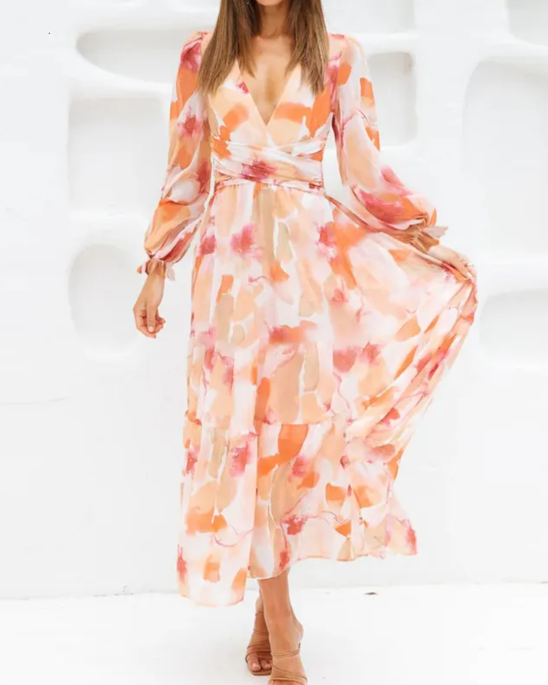 Floral Chiffon Deep V-Neck Long Sleeve Cut Out Maxi Dress 8
