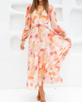 Floral Chiffon Deep V-Neck Long Sleeve Cut Out Maxi Dress 8