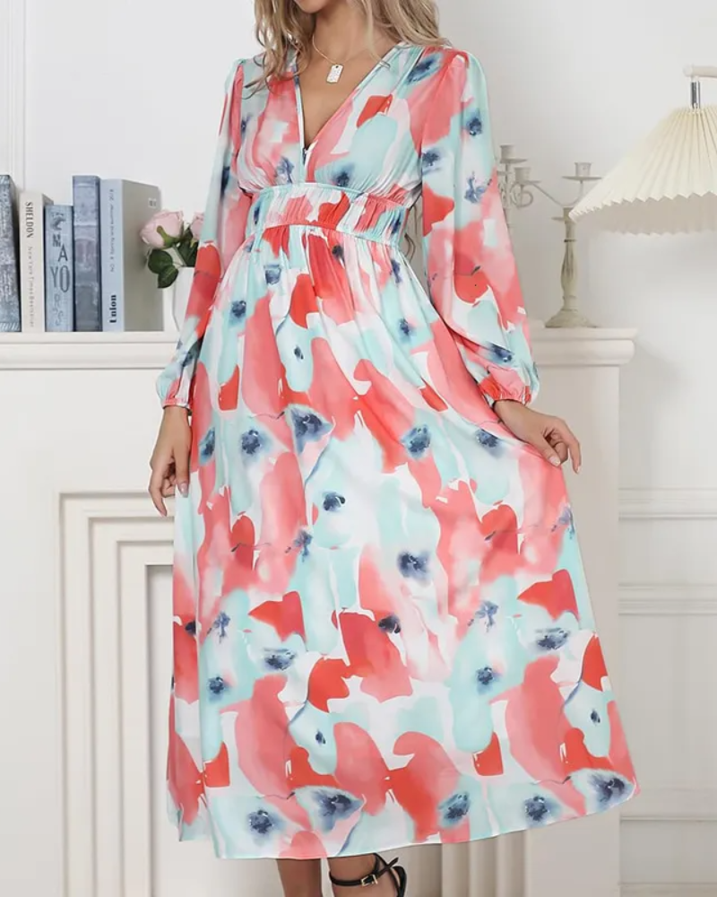 Floral Chiffon Deep V-Neck Long Sleeve Cut Out Maxi Dress 9