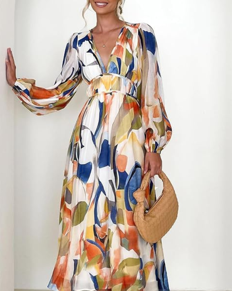 Floral Chiffon Deep V-Neck Long Sleeve Cut Out Maxi Dress 10