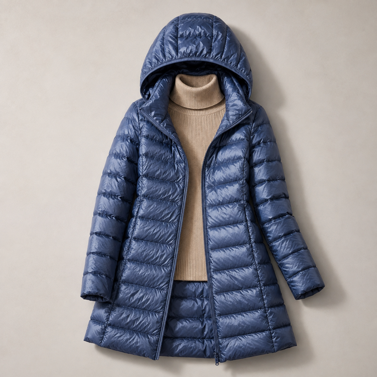 Hooded Zip Front Longline Lightweight Puffer Coat