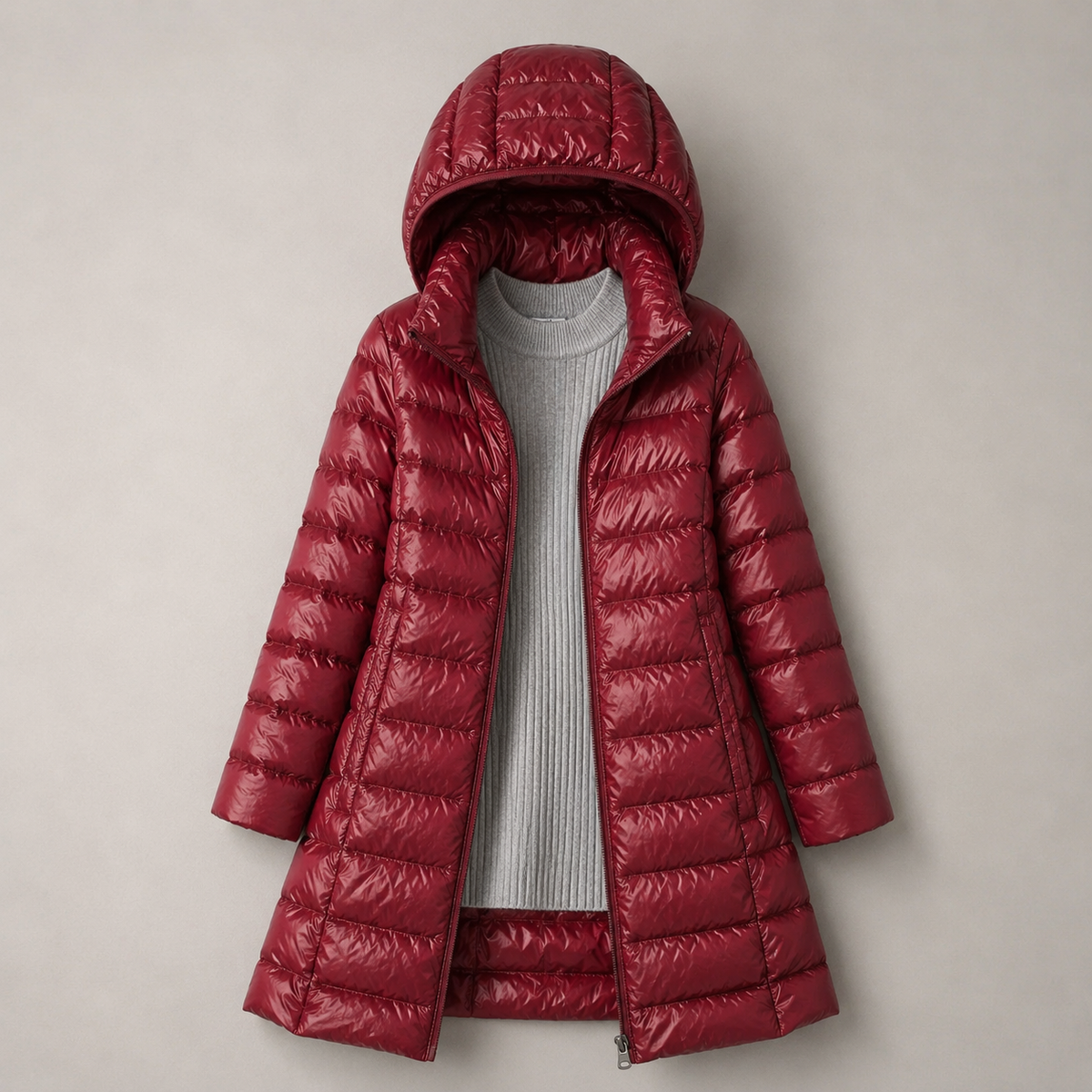 Hooded Zip Front Longline Lightweight Puffer Coat