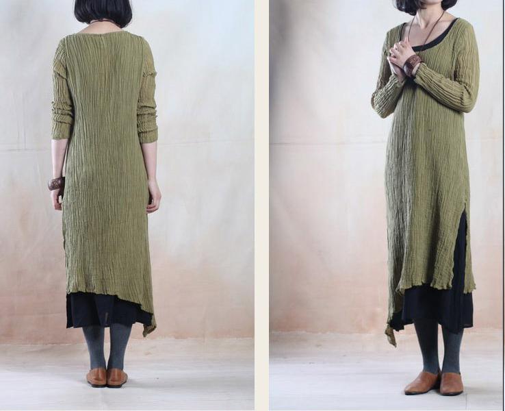 Tea green simple pleated linen maxi dress oversize linen dresses