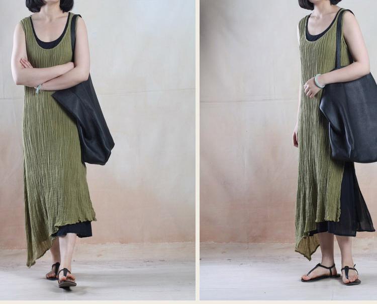Tea green unique linen maxi dress Asymmetric casual linen dress