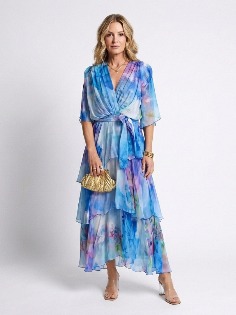 Floral Print V-Neck Flutter Sleeve Tiered Maxi Dress