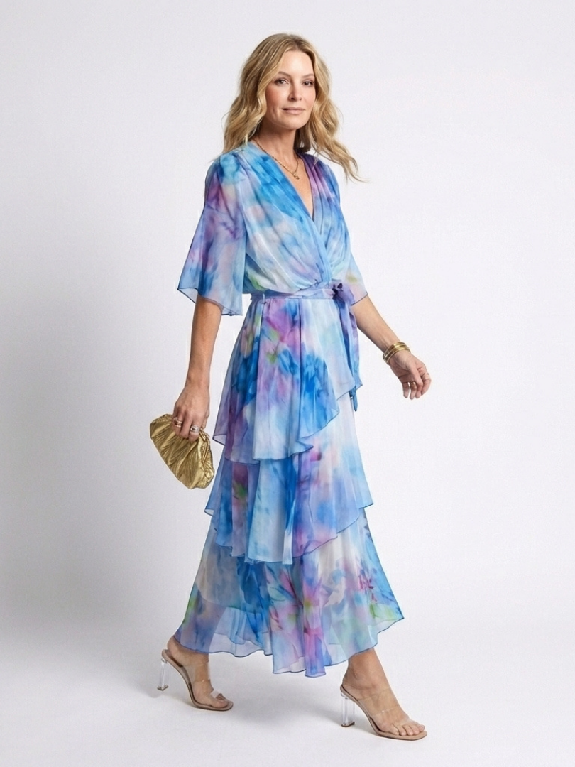 Floral Print V-Neck Flutter Sleeve Tiered Maxi Dress