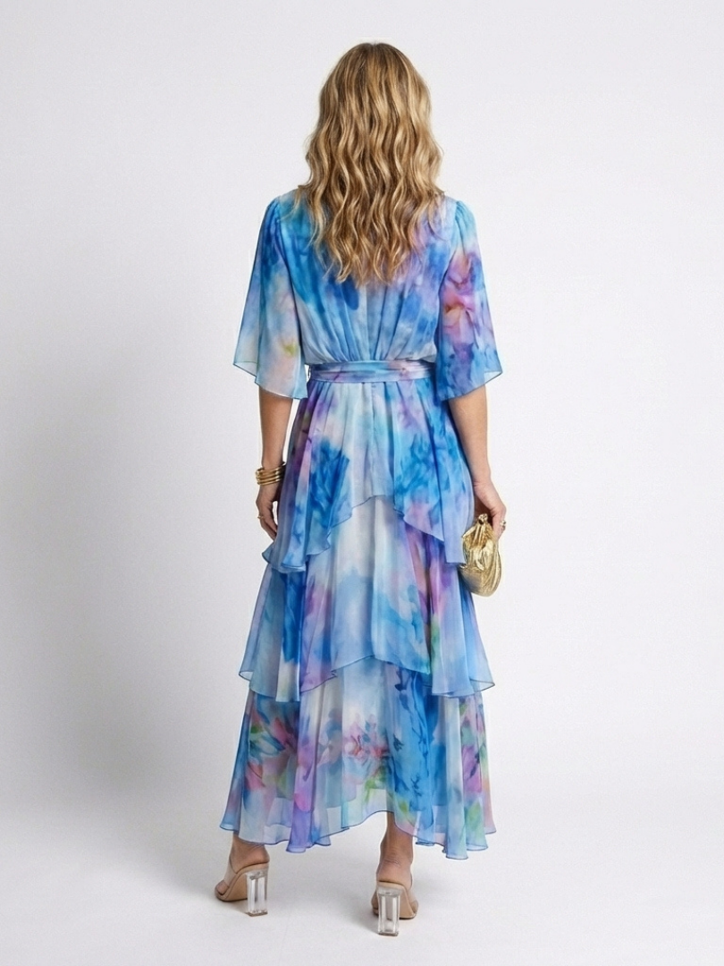 Floral Print V-Neck Flutter Sleeve Tiered Maxi Dress