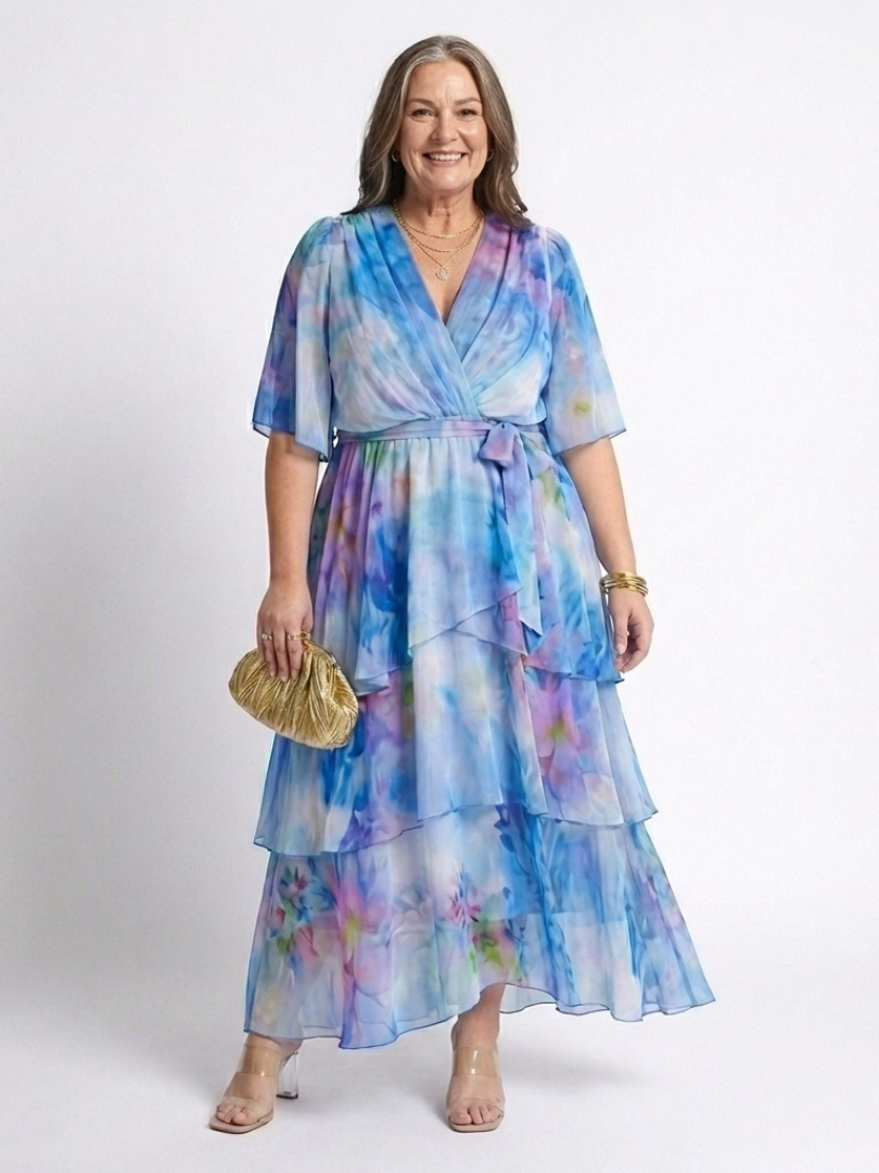 Floral Print V-Neck Flutter Sleeve Tiered Maxi Dress