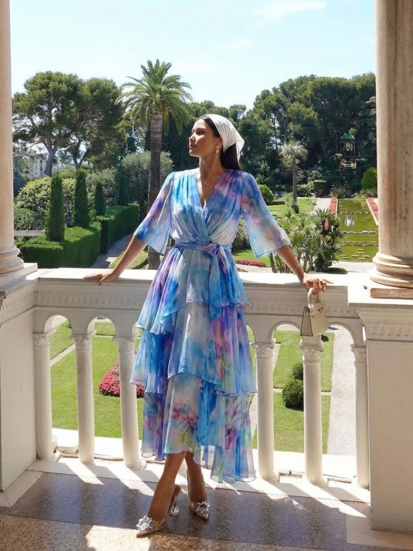 Floral Print V-Neck Flutter Sleeve Tiered Maxi Dress