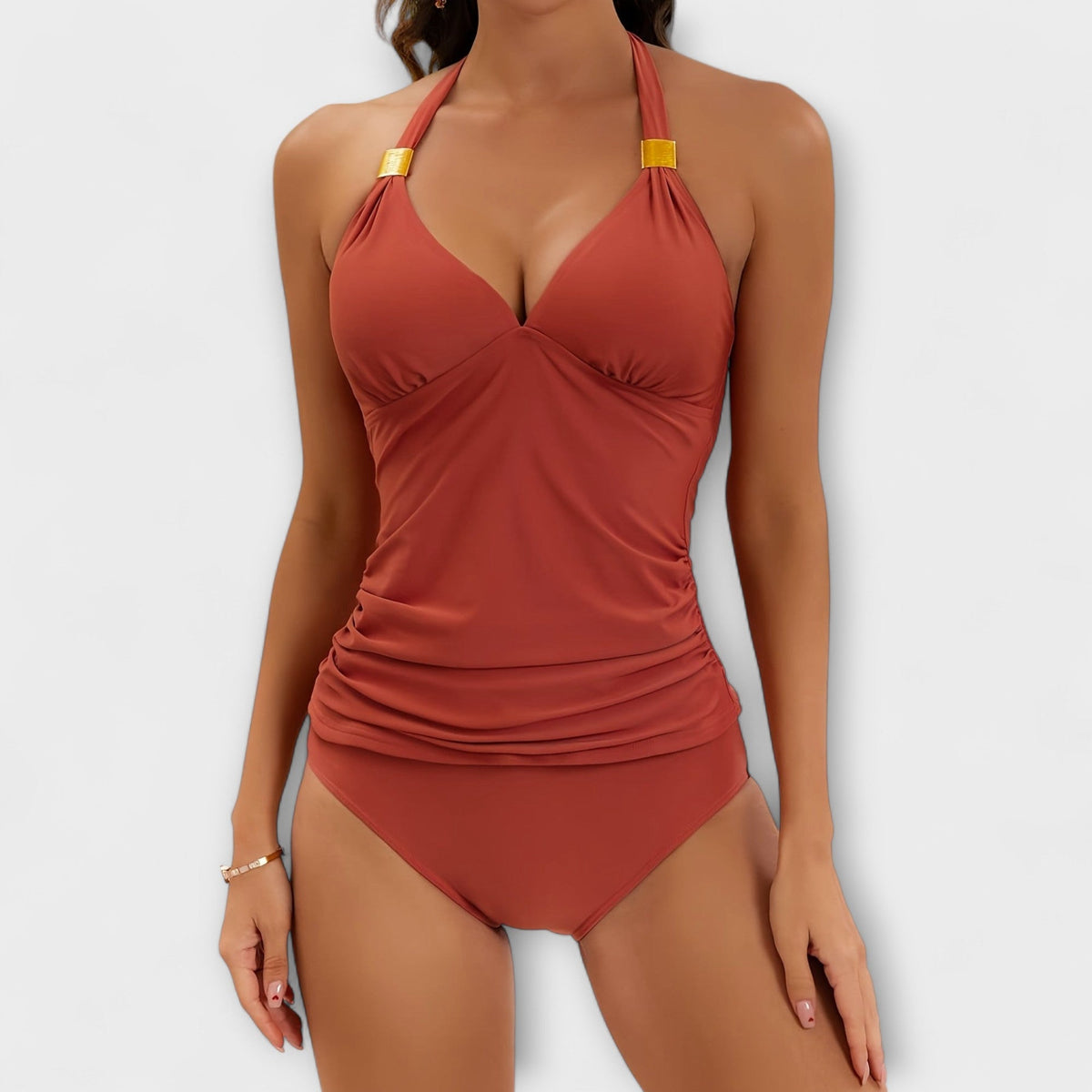 Halter Neck Ruched Tankini Two Piece Swimsuit
