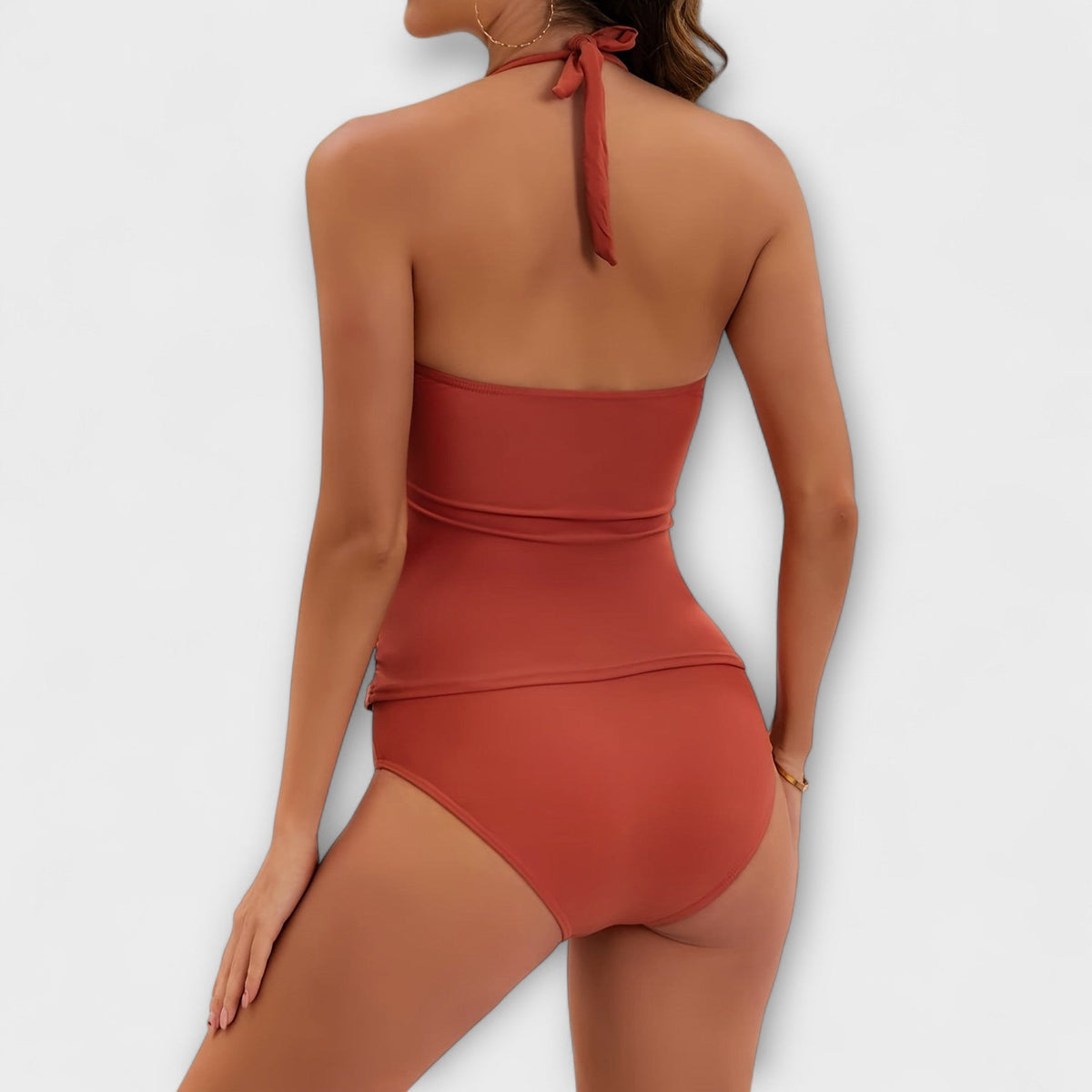 Halter Neck Ruched Tankini Two Piece Swimsuit