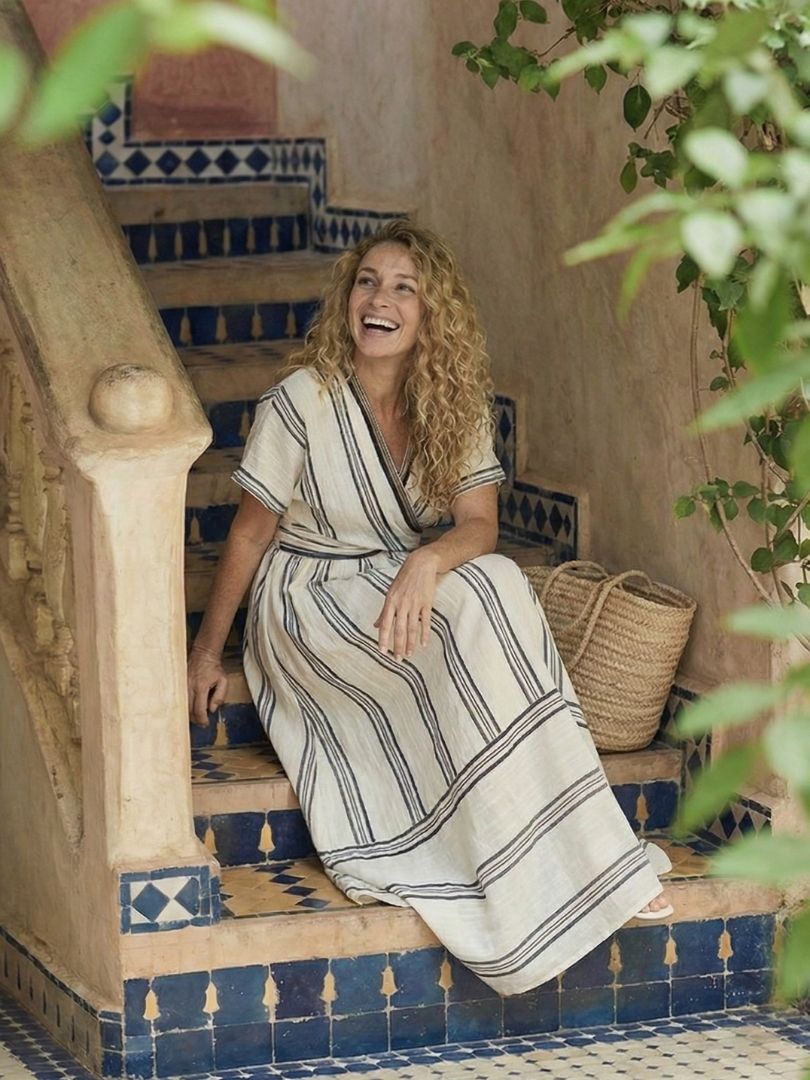 Striped V-Neck Short Sleeve Wrap Waist Midi Dress