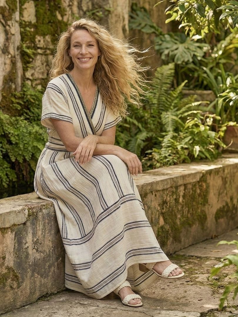 Striped V-Neck Short Sleeve Wrap Waist Midi Dress