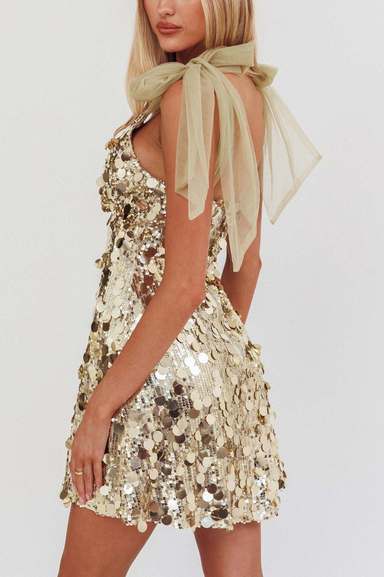 Sequin V-Neck Tie Strap A-Line Mini Party Dress