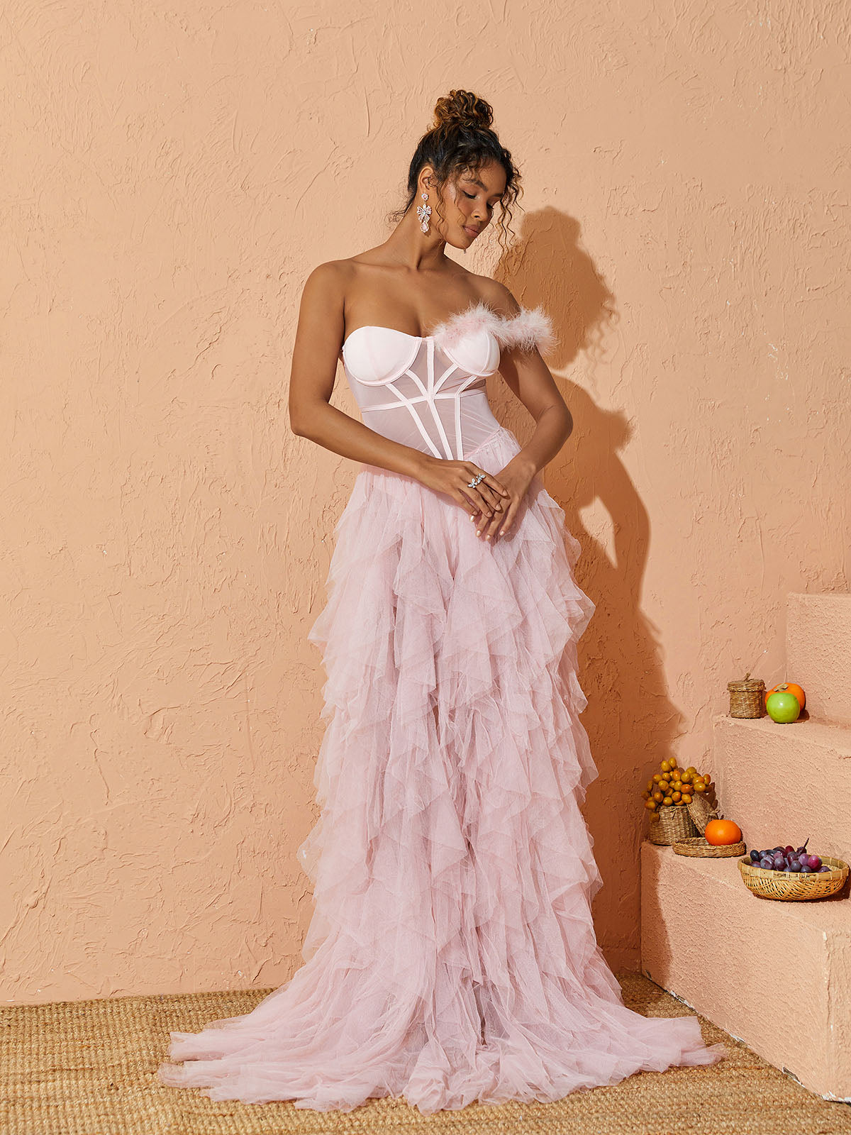 Titania One Shoulder Tulle Maxi Dress In Blush 3