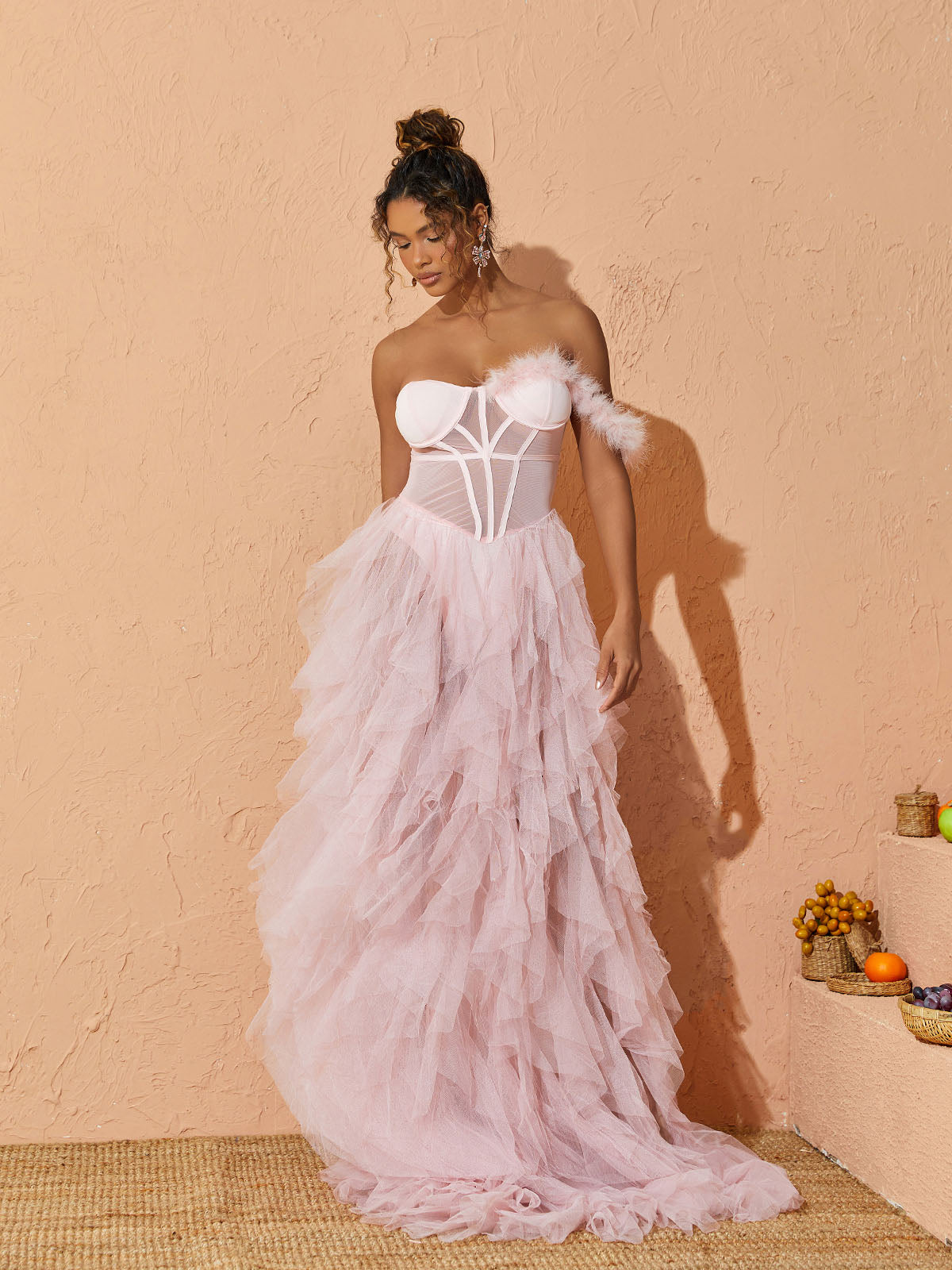 Titania One Shoulder Tulle Maxi Dress In Blush 2