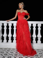 One Shoulder Tulle Maxi Dress In Red