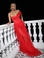 One Shoulder Tulle Maxi Dress In Red - View 6