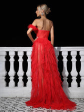 Titania One Shoulder Tulle Maxi Dress In Red 6