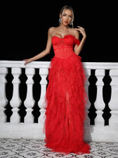 Titania One Shoulder Tulle Maxi Dress In Red 4