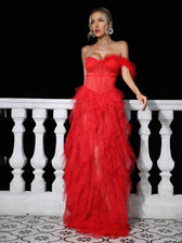 One Shoulder Tulle Maxi Dress In Red - View 5