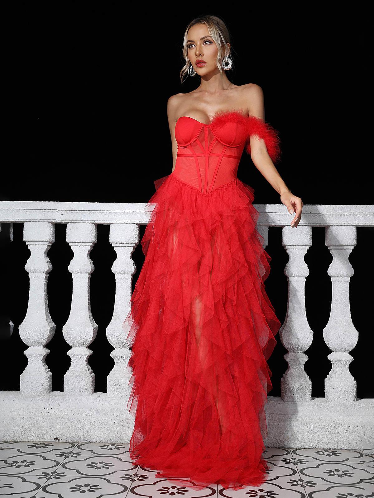 Titania One Shoulder Tulle Maxi Dress In Red 5