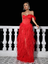 Titania One Shoulder Tulle Maxi Dress In Red 5